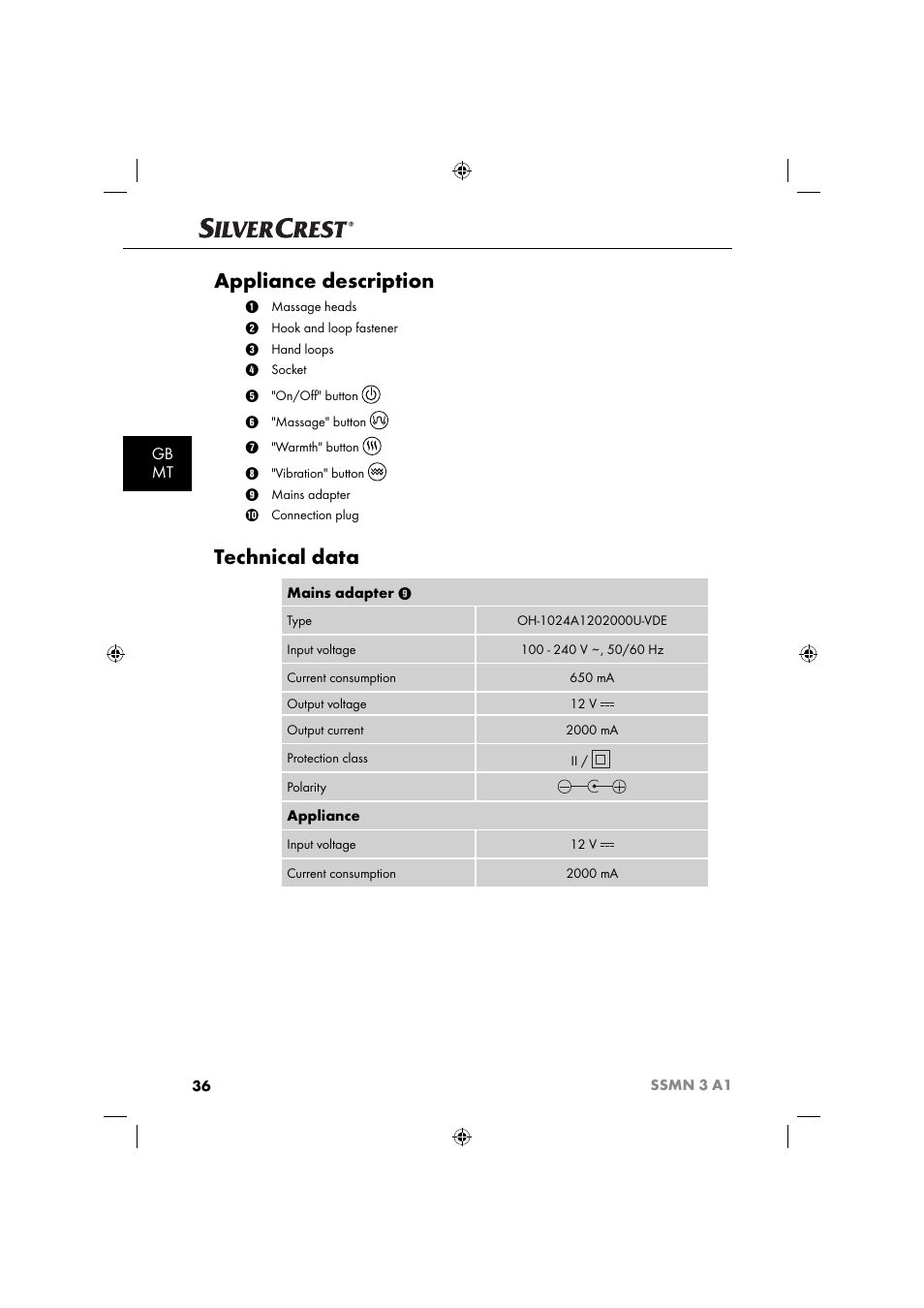Appliance description, Technical data, Gb mt | Silvercrest SSMN 3 A1 User Manual | Page 38 / 57