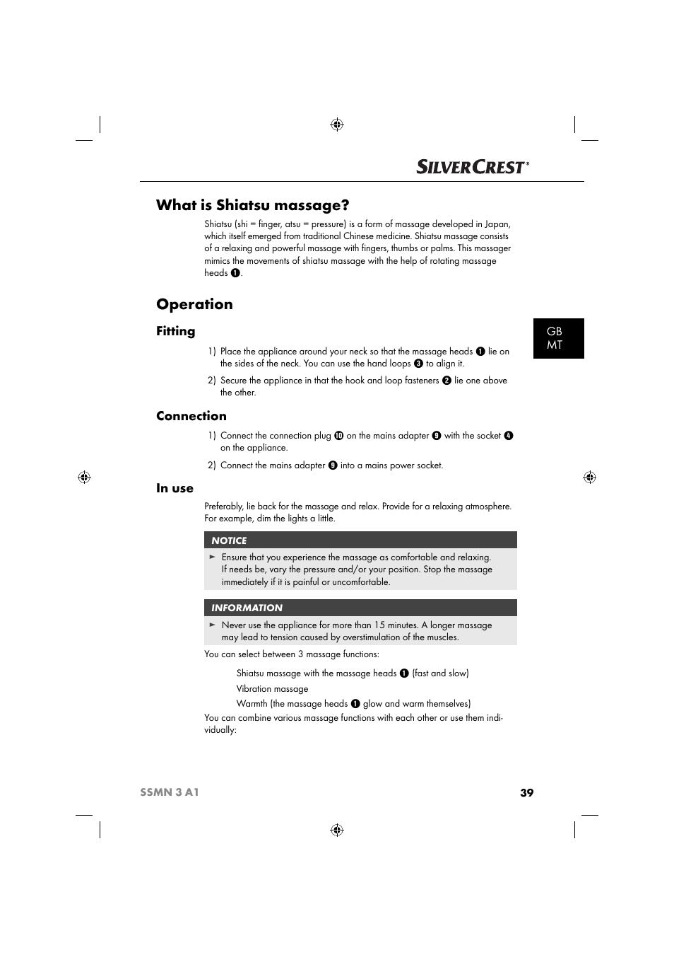 What is shiatsu massage, Operation, Fitting | Connection, Gb mt | Silvercrest SSMN 3 A1 User Manual | Page 41 / 57