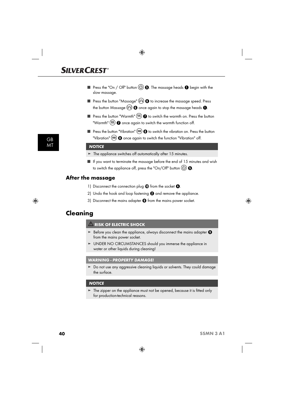 Cleaning, After the massage, Gb mt | Silvercrest SSMN 3 A1 User Manual | Page 42 / 57