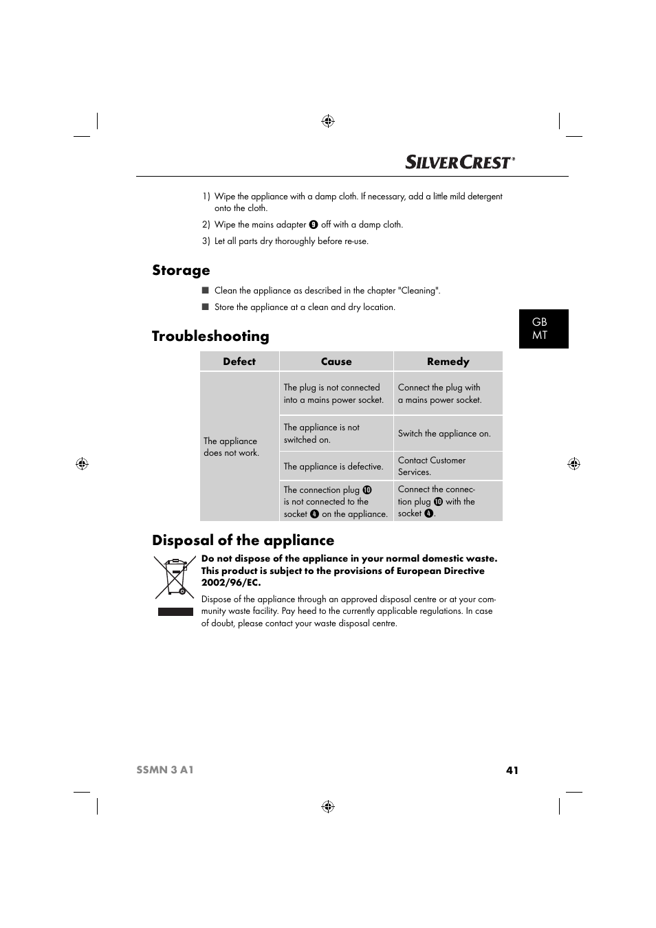 Storage, Troubleshooting, Disposal of the appliance | Gb mt | Silvercrest SSMN 3 A1 User Manual | Page 43 / 57