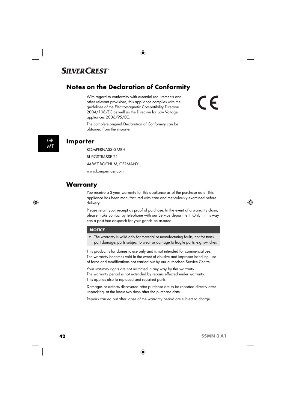Importer, Warranty, Gb mt | Silvercrest SSMN 3 A1 User Manual | Page 44 / 57