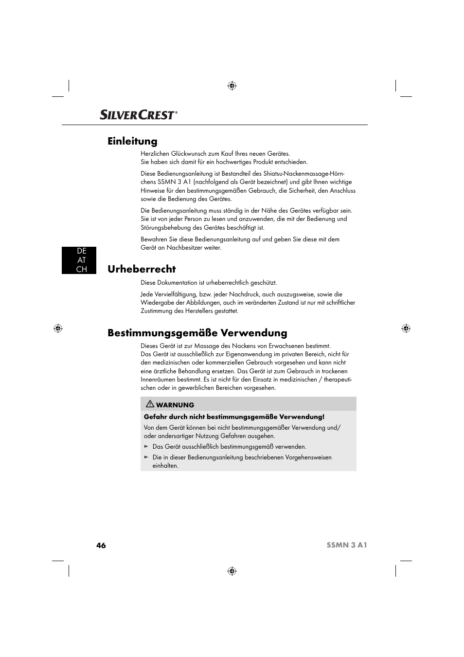 Einleitung, Urheberrecht, Bestimmungsgemäße verwendung | De at ch | Silvercrest SSMN 3 A1 User Manual | Page 48 / 57