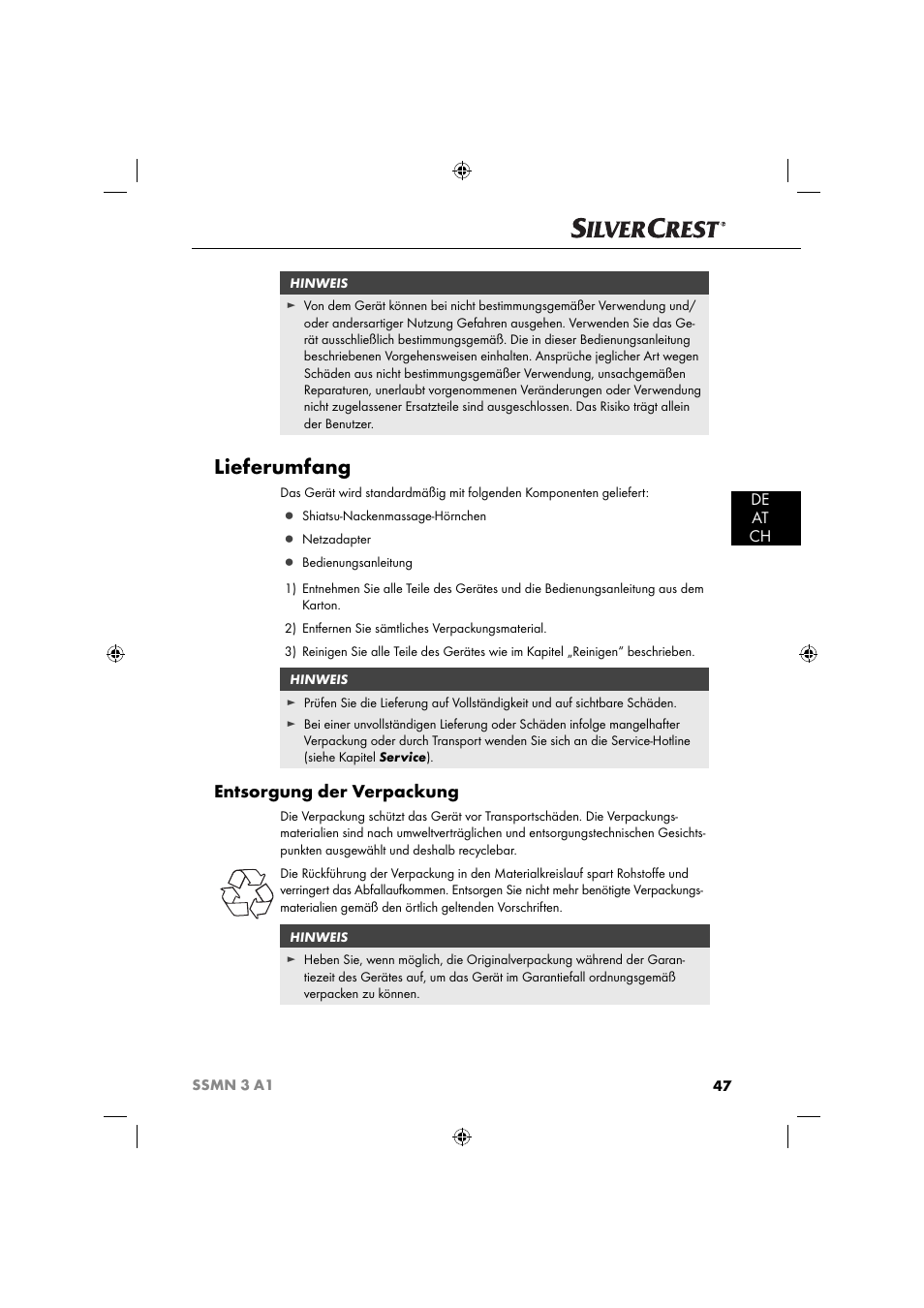 Lieferumfang, Entsorgung der verpackung, De at ch | Silvercrest SSMN 3 A1 User Manual | Page 49 / 57