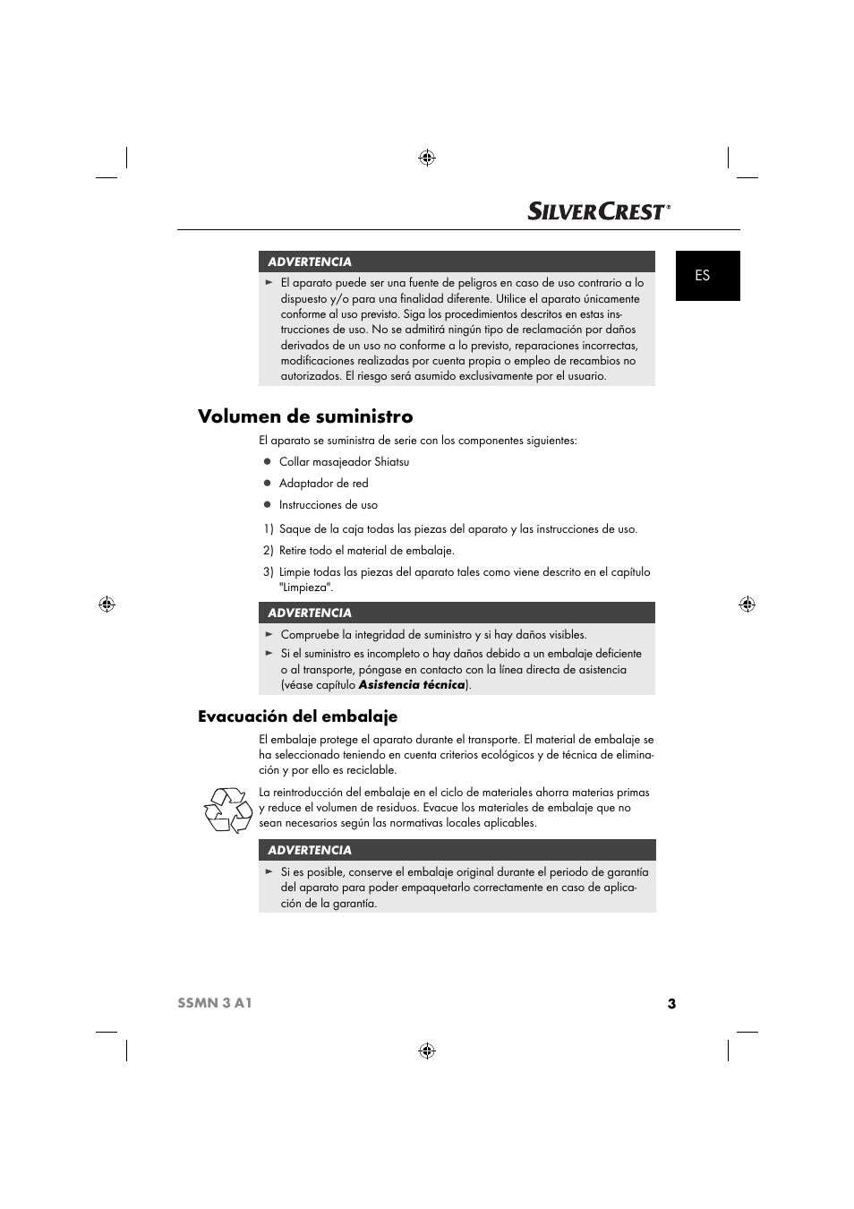 Volumen de suministro, Evacuación del embalaje | Silvercrest SSMN 3 A1 User Manual | Page 5 / 57