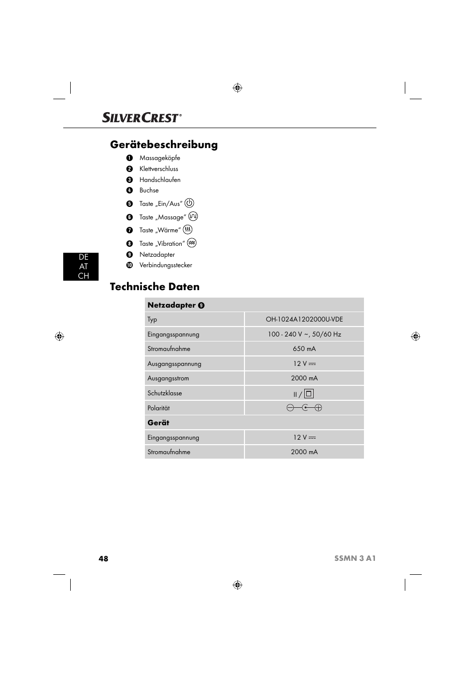 Gerätebeschreibung, Technische daten, De at ch | Silvercrest SSMN 3 A1 User Manual | Page 50 / 57