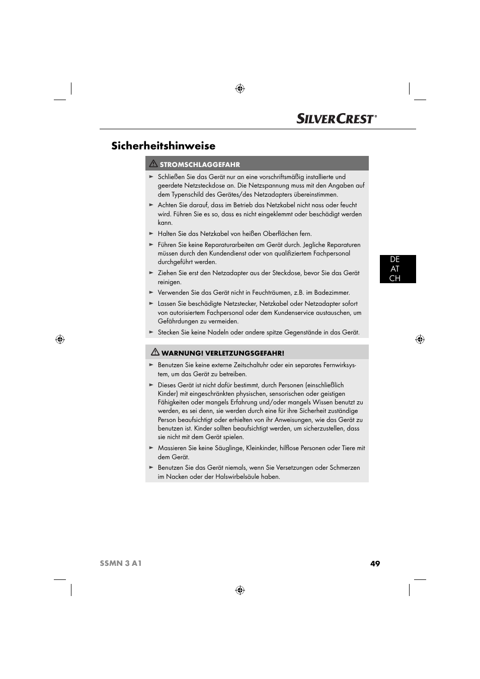 Sicherheitshinweise, De at ch | Silvercrest SSMN 3 A1 User Manual | Page 51 / 57