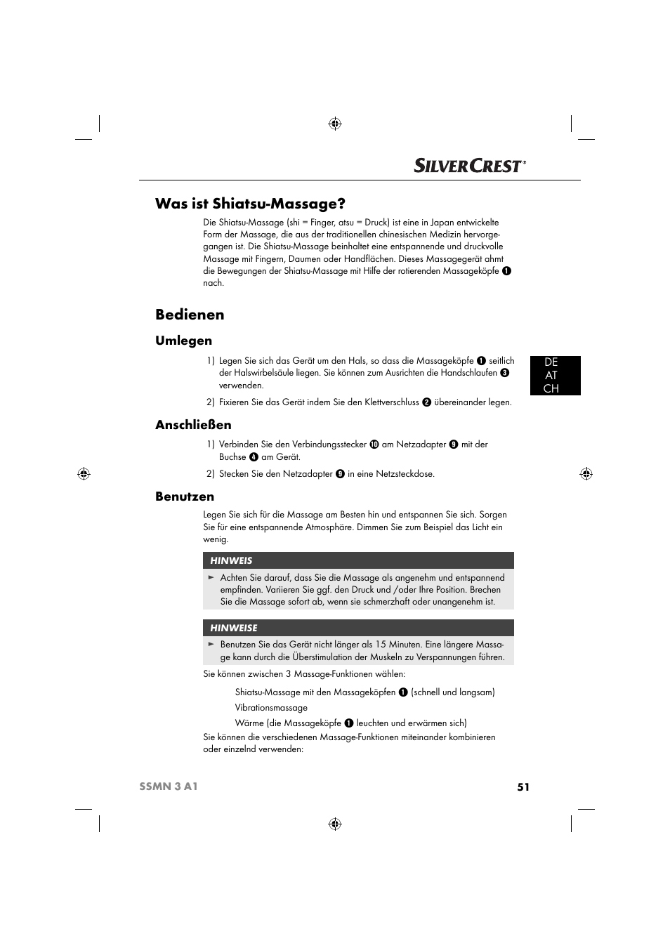 Was ist shiatsu-massage, Bedienen, Umlegen | Anschließen, Benutzen, De at ch | Silvercrest SSMN 3 A1 User Manual | Page 53 / 57