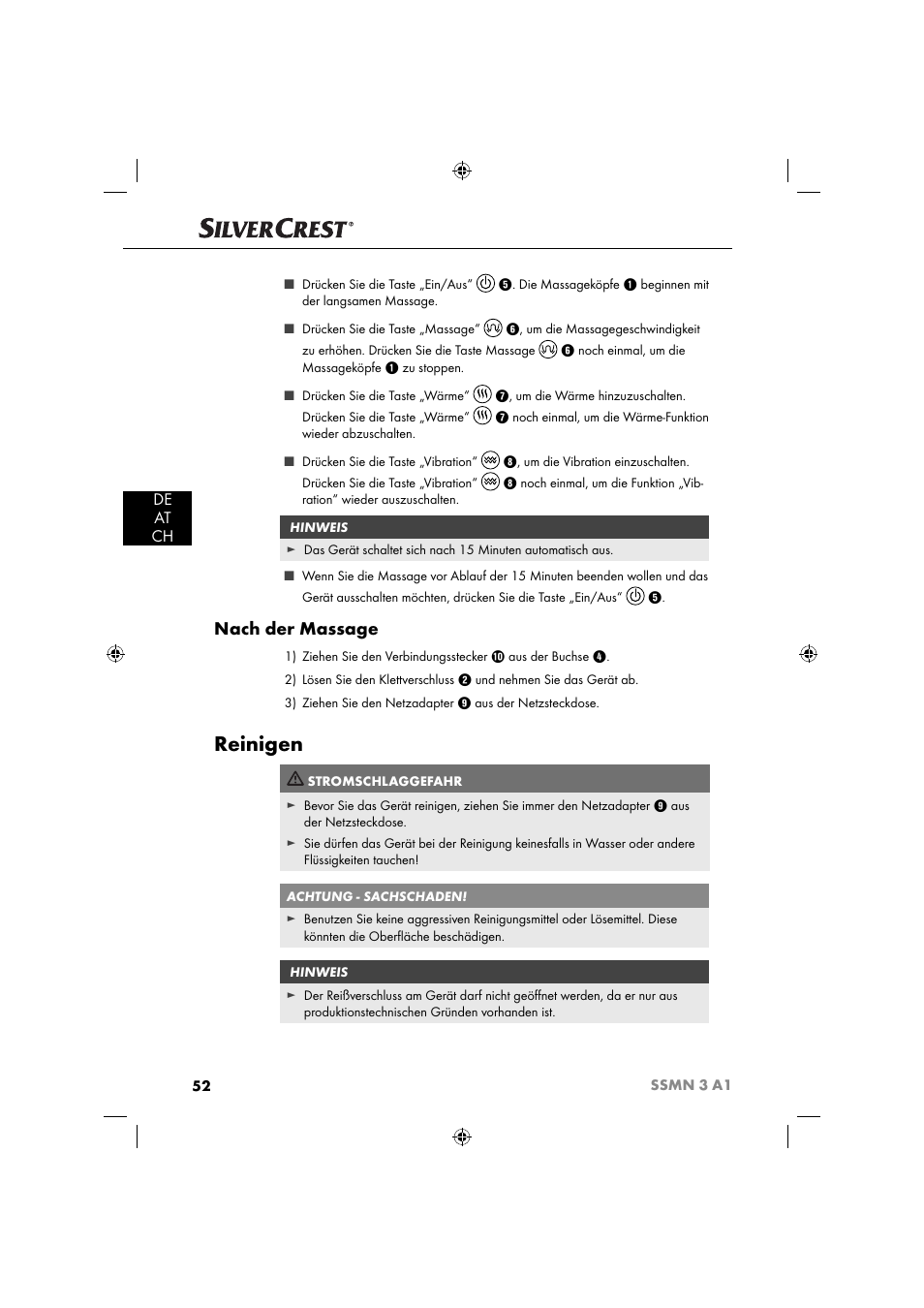 Reinigen, Nach der massage, De at ch | Silvercrest SSMN 3 A1 User Manual | Page 54 / 57