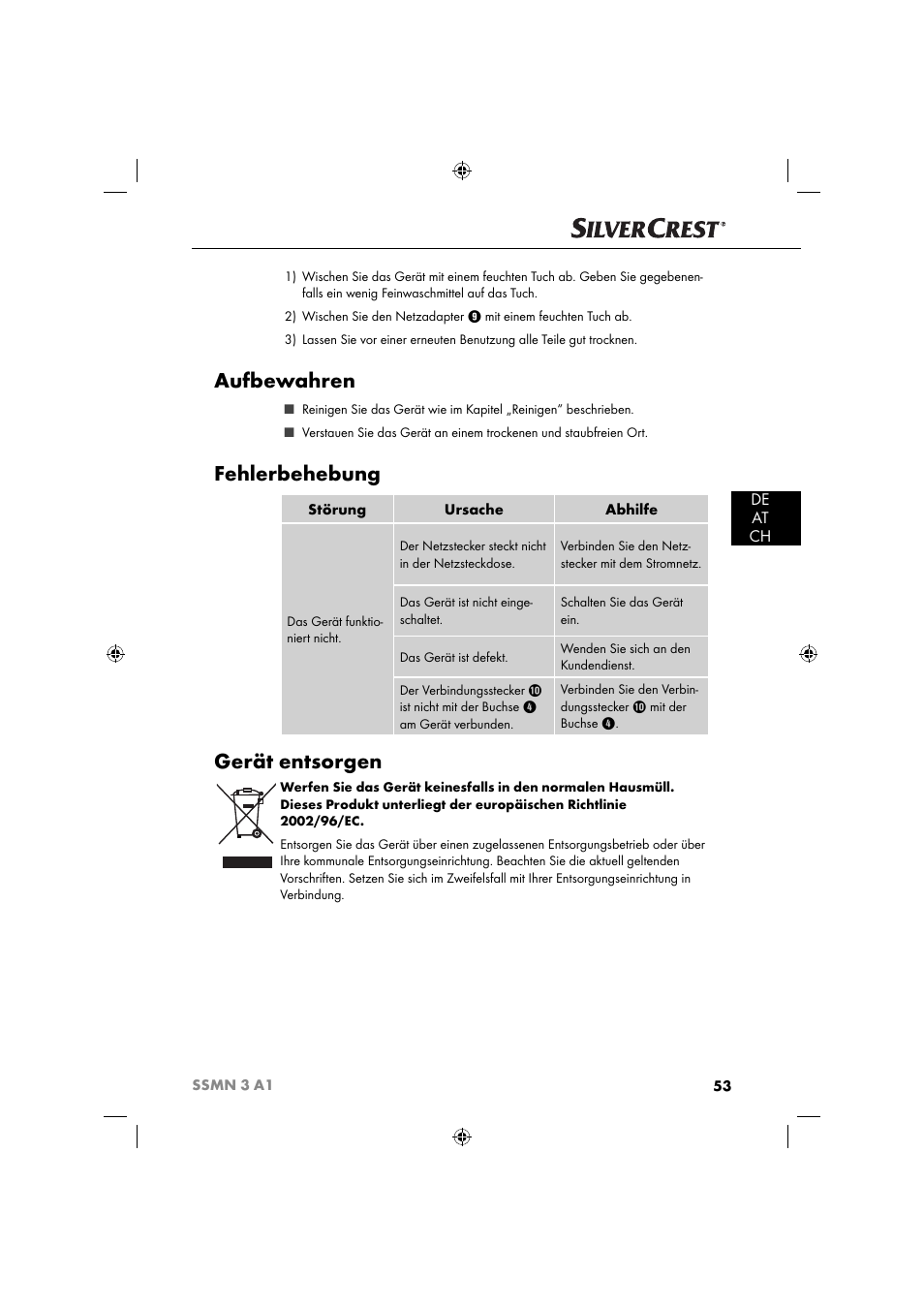 Aufbewahren, Fehlerbehebung, Gerät entsorgen | De at ch | Silvercrest SSMN 3 A1 User Manual | Page 55 / 57