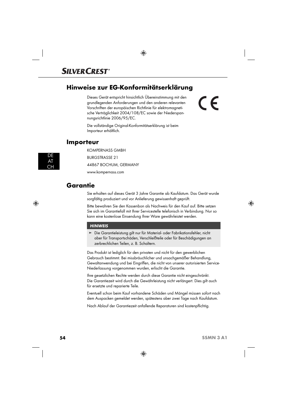 Hinweise zur eg-konformitätserklärung, Importeur, Garantie | De at ch | Silvercrest SSMN 3 A1 User Manual | Page 56 / 57