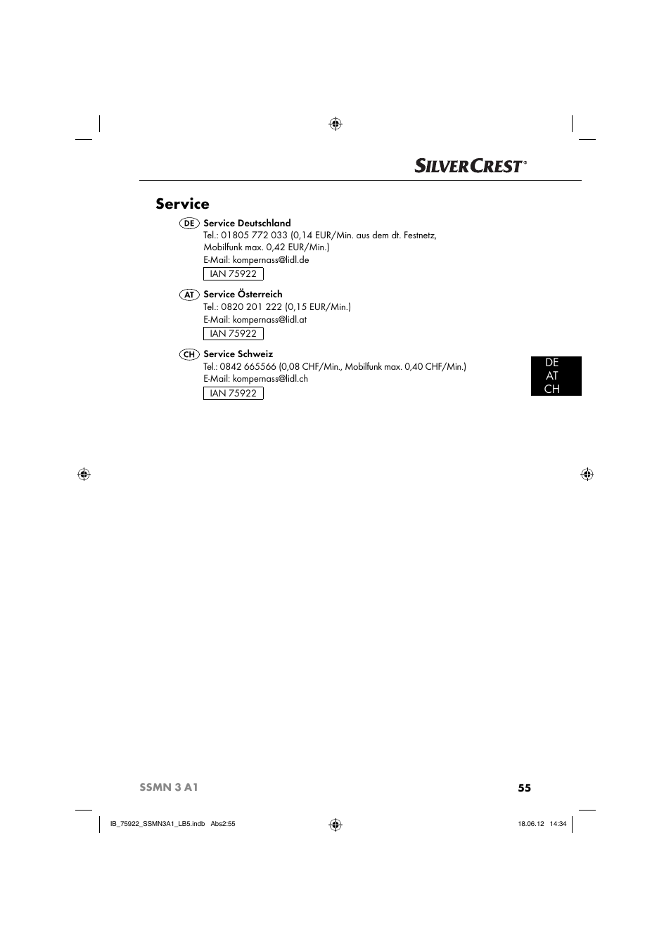 Service, De at ch | Silvercrest SSMN 3 A1 User Manual | Page 57 / 57