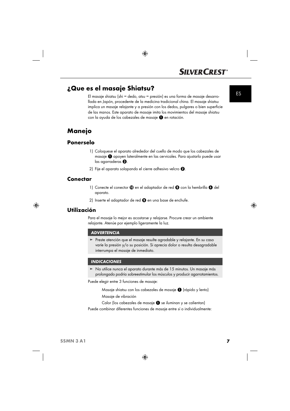 Que es el masaje shiatsu, Manejo, Ponerselo | Conectar, Utilización | Silvercrest SSMN 3 A1 User Manual | Page 9 / 57