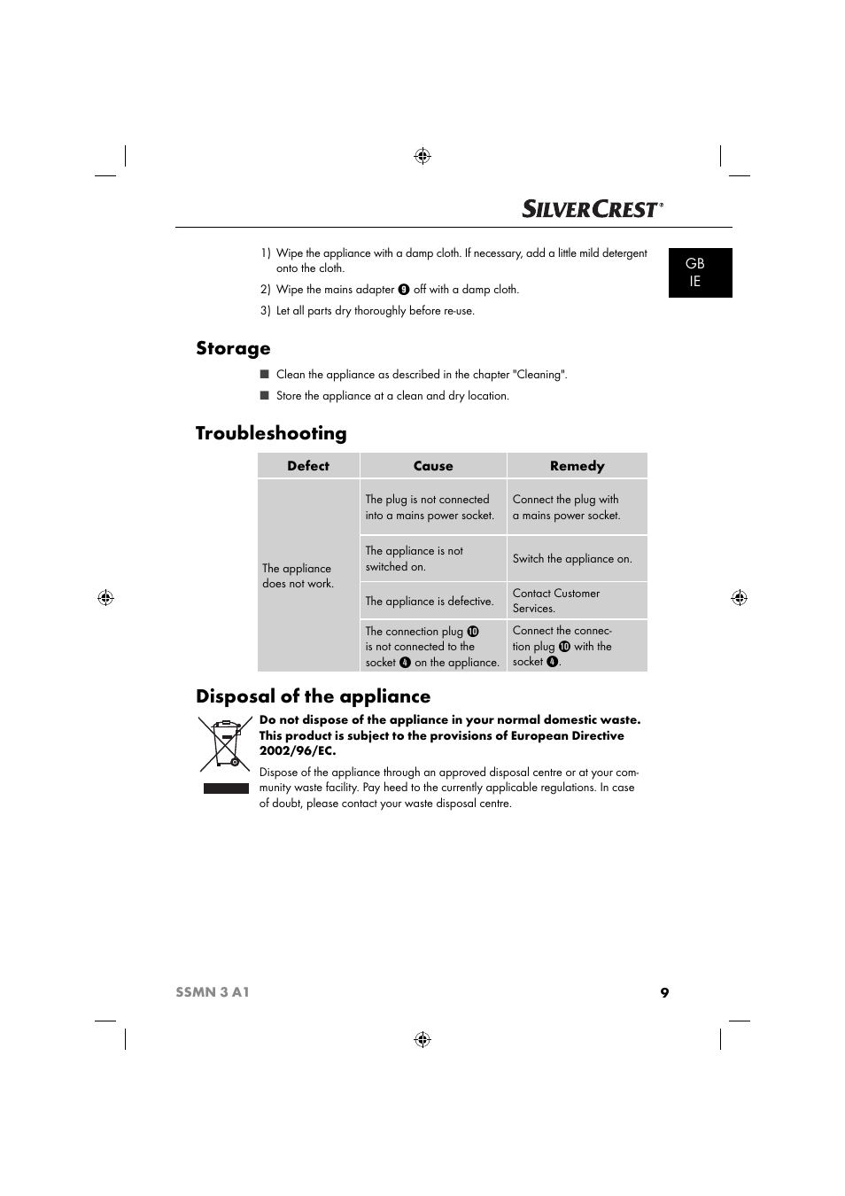 Storage, Troubleshooting, Disposal of the appliance | Gb ie | Silvercrest SSMN 3 A1 User Manual | Page 11 / 67