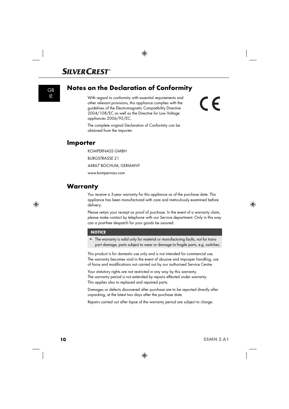 Importer, Warranty, Gb ie | Silvercrest SSMN 3 A1 User Manual | Page 12 / 67