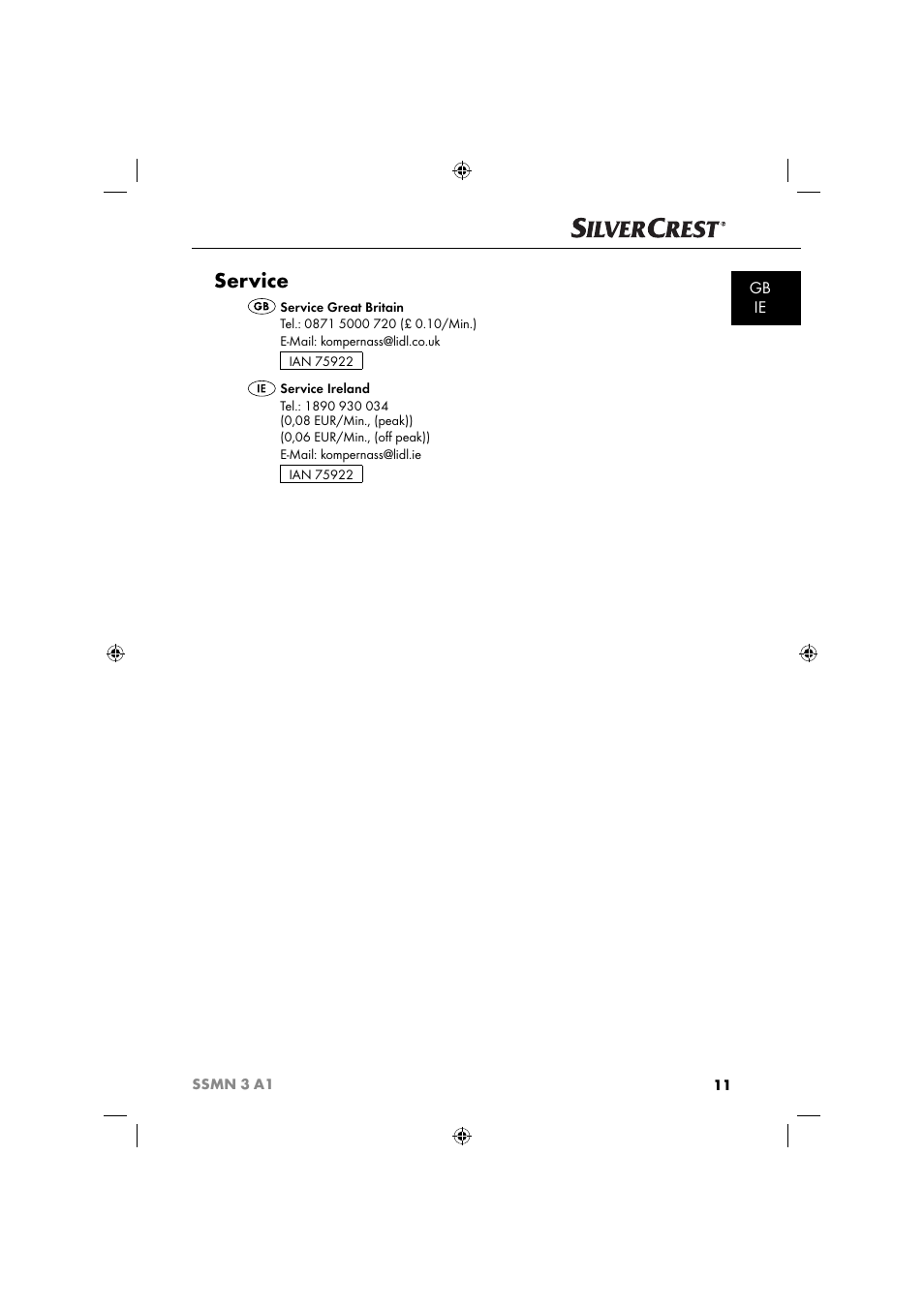 Service, Gb ie | Silvercrest SSMN 3 A1 User Manual | Page 13 / 67