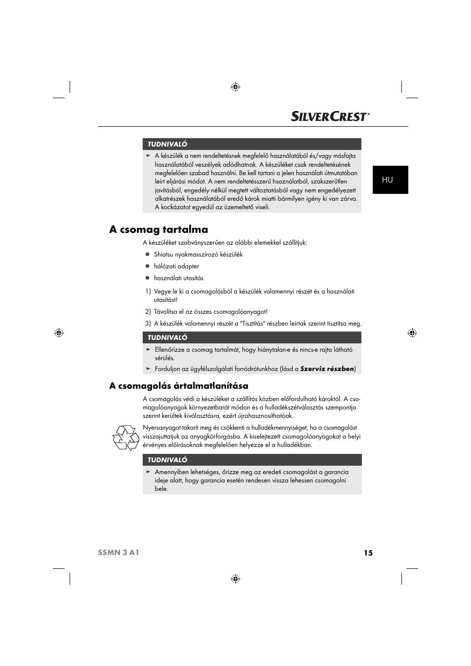A csomag tartalma, A csomagolás ártalmatlanítása | Silvercrest SSMN 3 A1 User Manual | Page 17 / 67