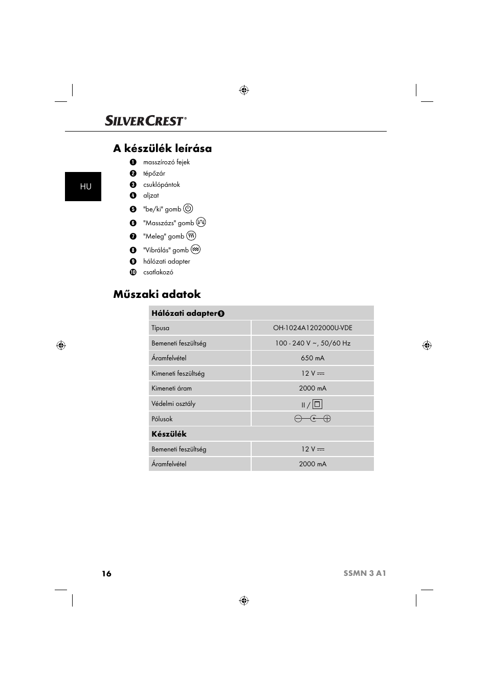 A készülék leírása, Műszaki adatok | Silvercrest SSMN 3 A1 User Manual | Page 18 / 67