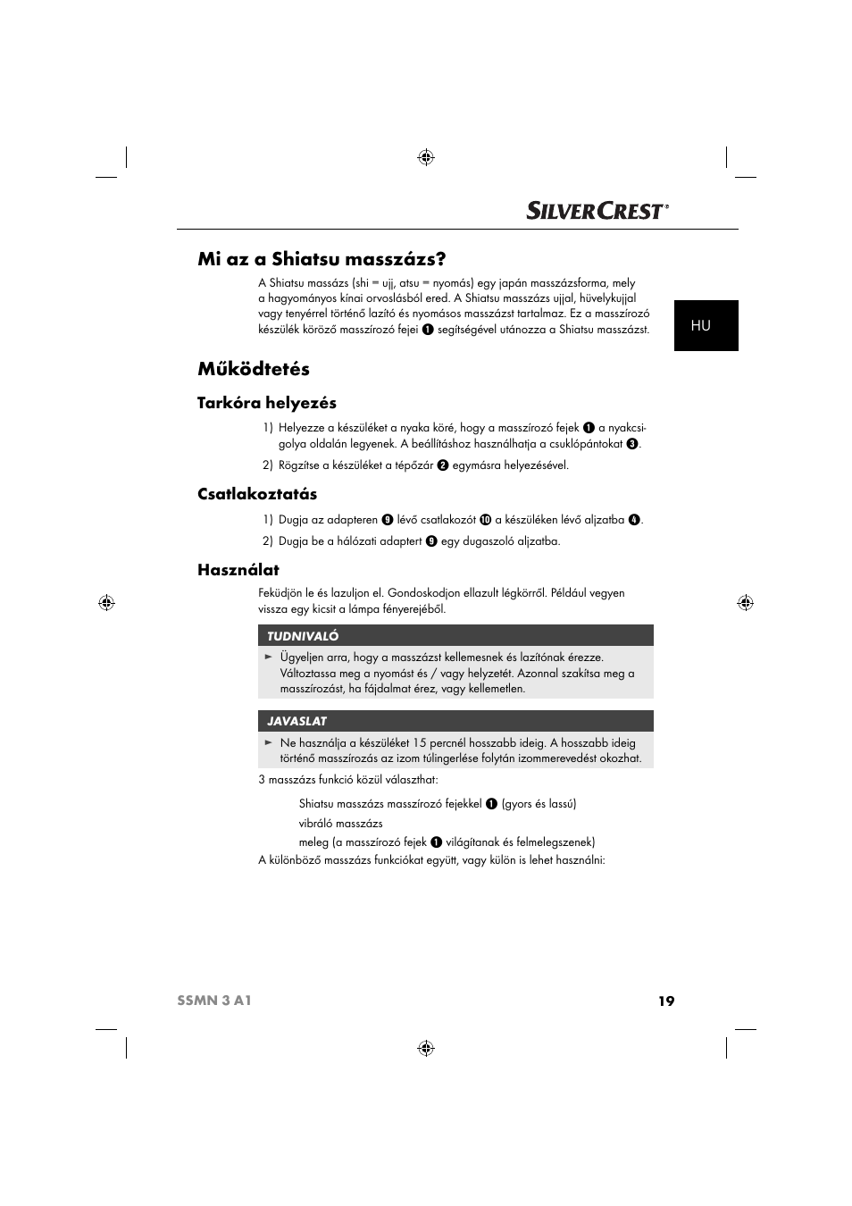 Mi az a shiatsu masszázs, Működtetés, Tarkóra helyezés | Csatlakoztatás, Használat | Silvercrest SSMN 3 A1 User Manual | Page 21 / 67