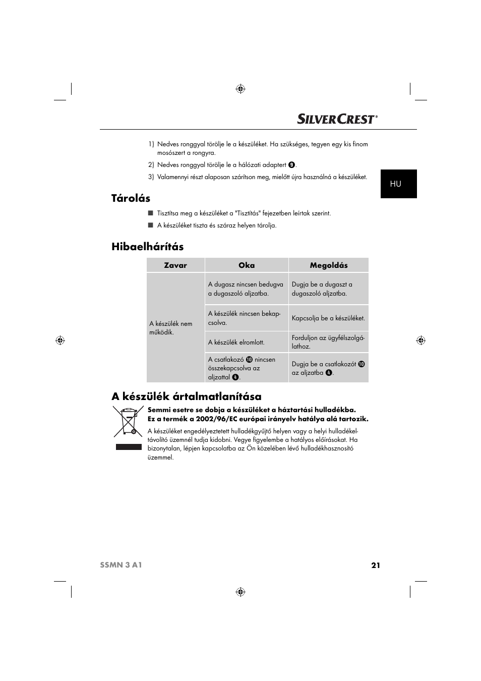 Tárolás, Hibaelhárítás, A készülék ártalmatlanítása | Silvercrest SSMN 3 A1 User Manual | Page 23 / 67