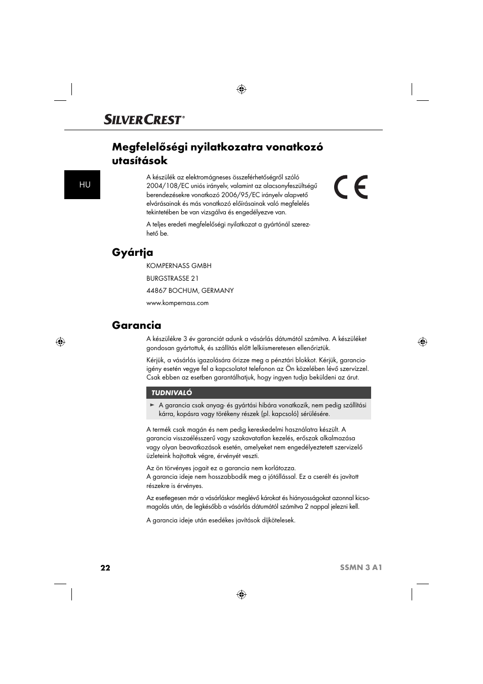 Megfelelőségi nyilatkozatra vonatkozó utasítások, Gyártja, Garancia | Silvercrest SSMN 3 A1 User Manual | Page 24 / 67