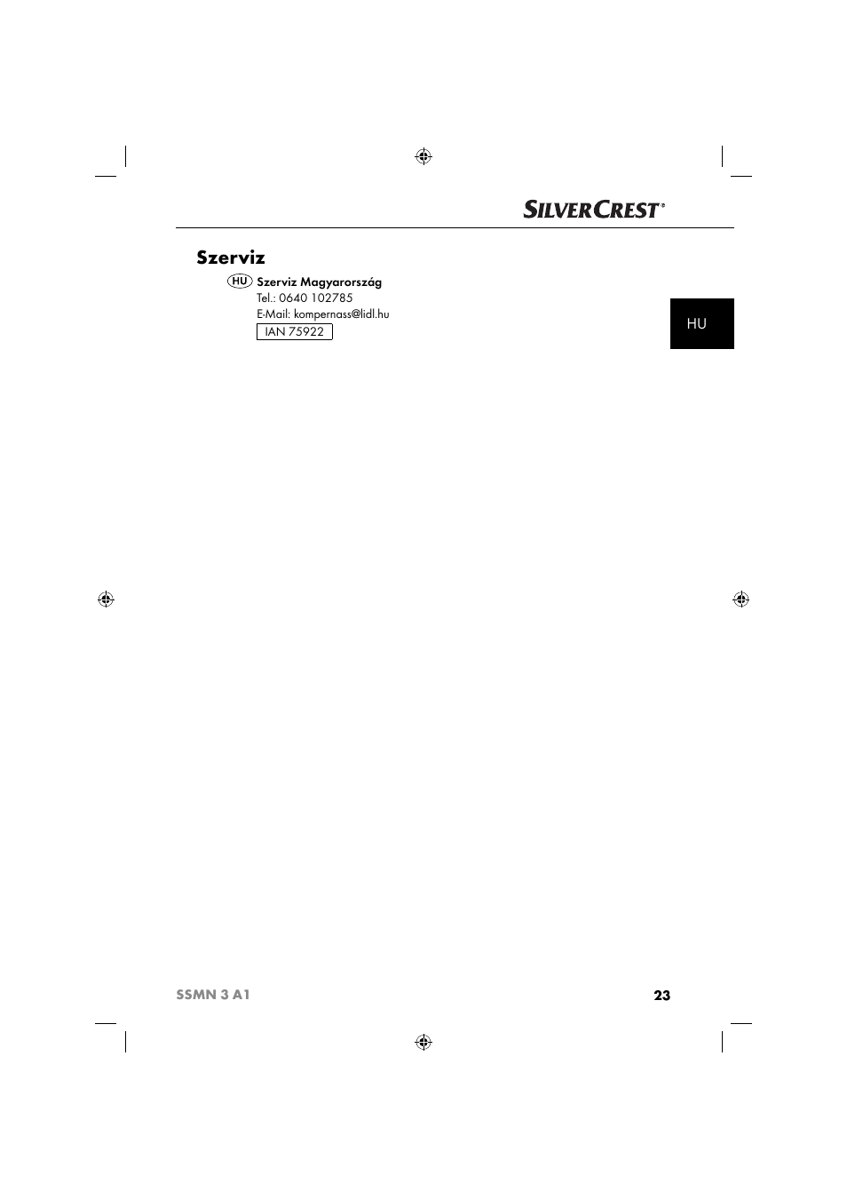 Szerviz | Silvercrest SSMN 3 A1 User Manual | Page 25 / 67