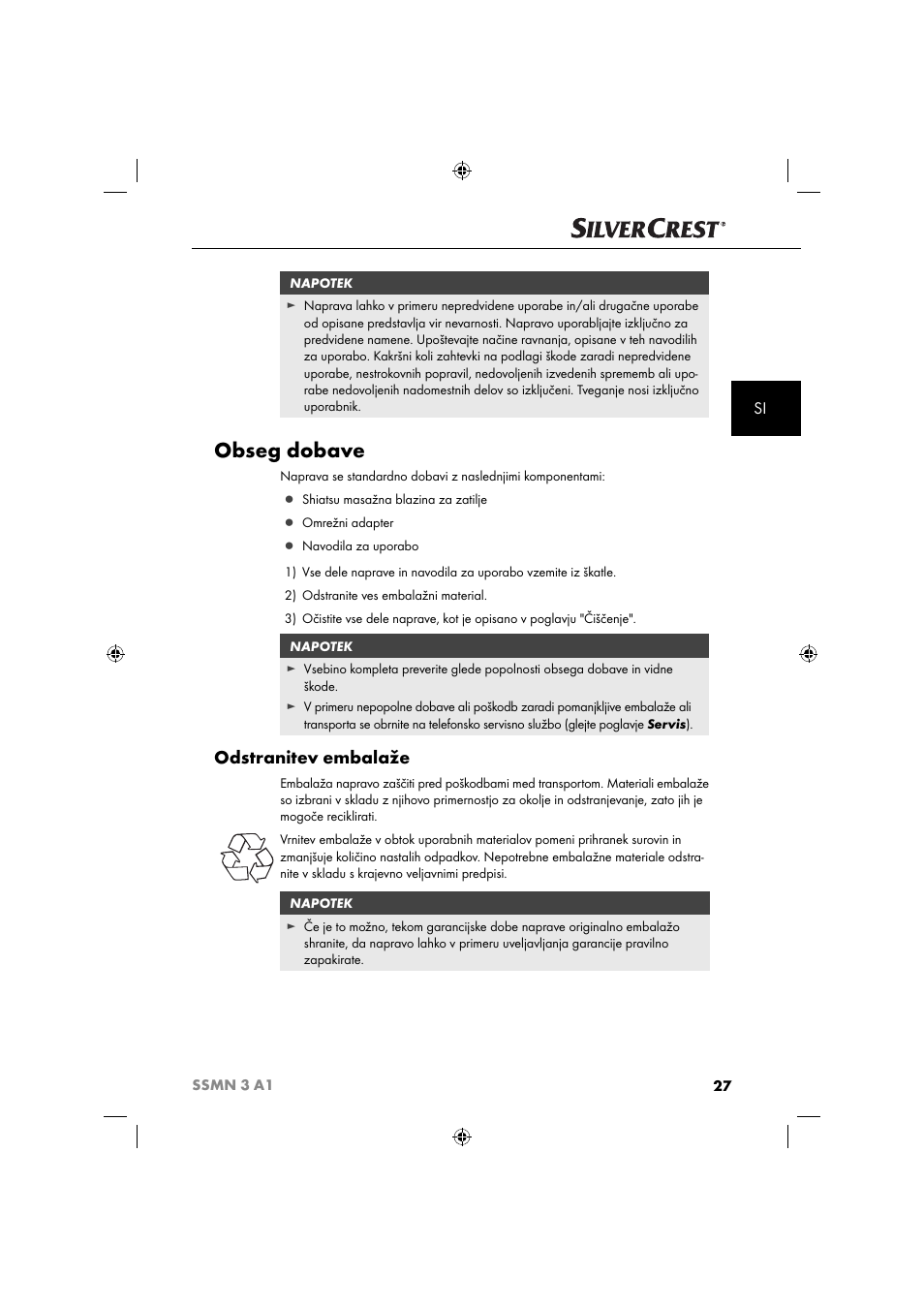 Obseg dobave, Odstranitev embalaže | Silvercrest SSMN 3 A1 User Manual | Page 29 / 67