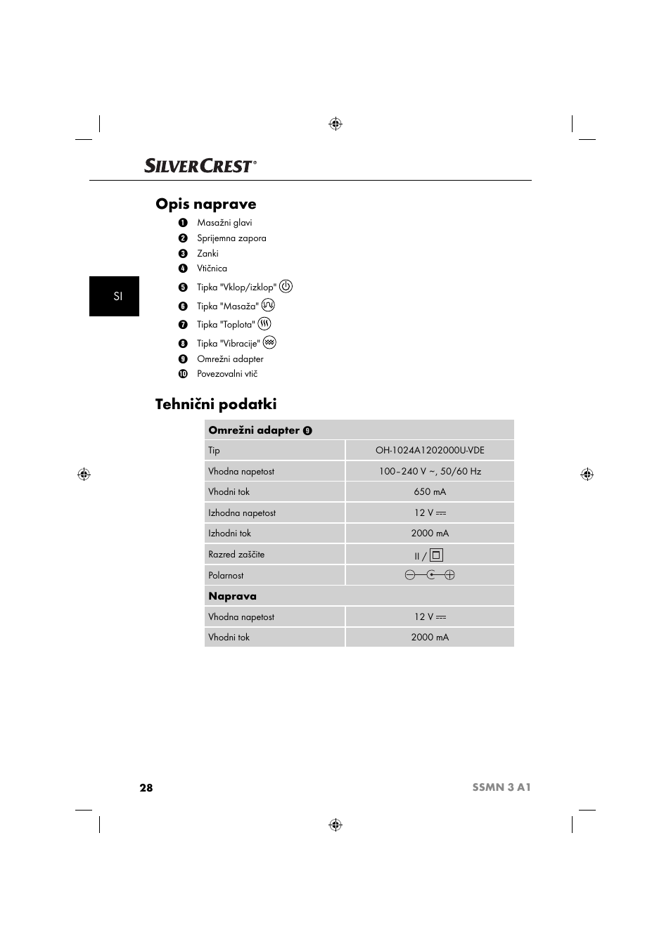 Opis naprave, Tehnični podatki | Silvercrest SSMN 3 A1 User Manual | Page 30 / 67