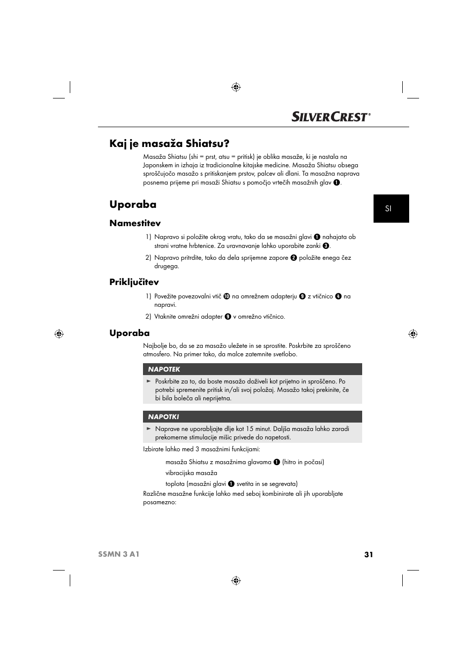 Kaj je masaža shiatsu, Uporaba, Namestitev | Priključitev | Silvercrest SSMN 3 A1 User Manual | Page 33 / 67