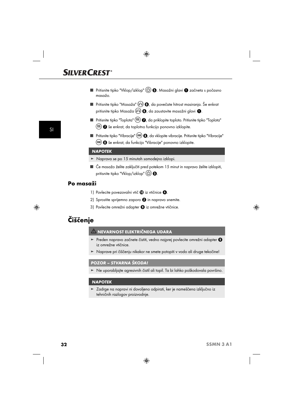 Čiščenje, Po masaži | Silvercrest SSMN 3 A1 User Manual | Page 34 / 67
