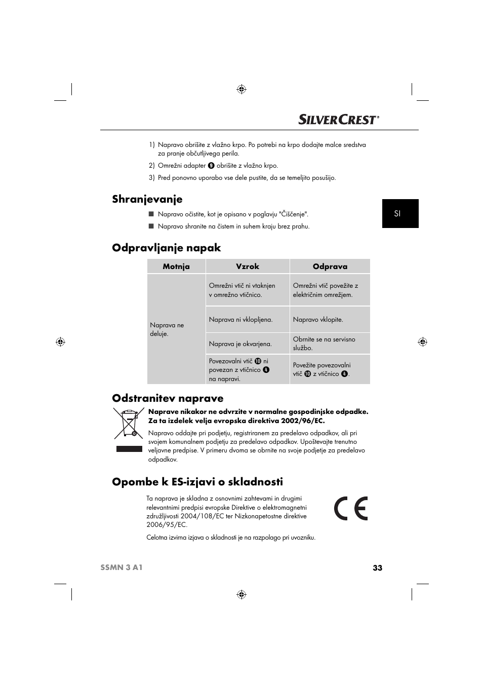 Shranjevanje, Odpravljanje napak, Odstranitev naprave | Opombe k es-izjavi o skladnosti | Silvercrest SSMN 3 A1 User Manual | Page 35 / 67