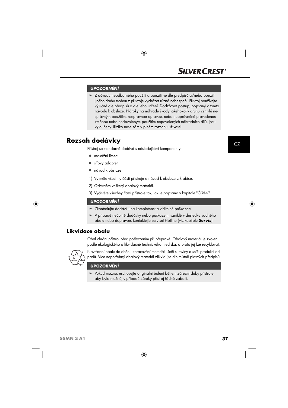 Rozsah dodávky, Likvidace obalu | Silvercrest SSMN 3 A1 User Manual | Page 39 / 67