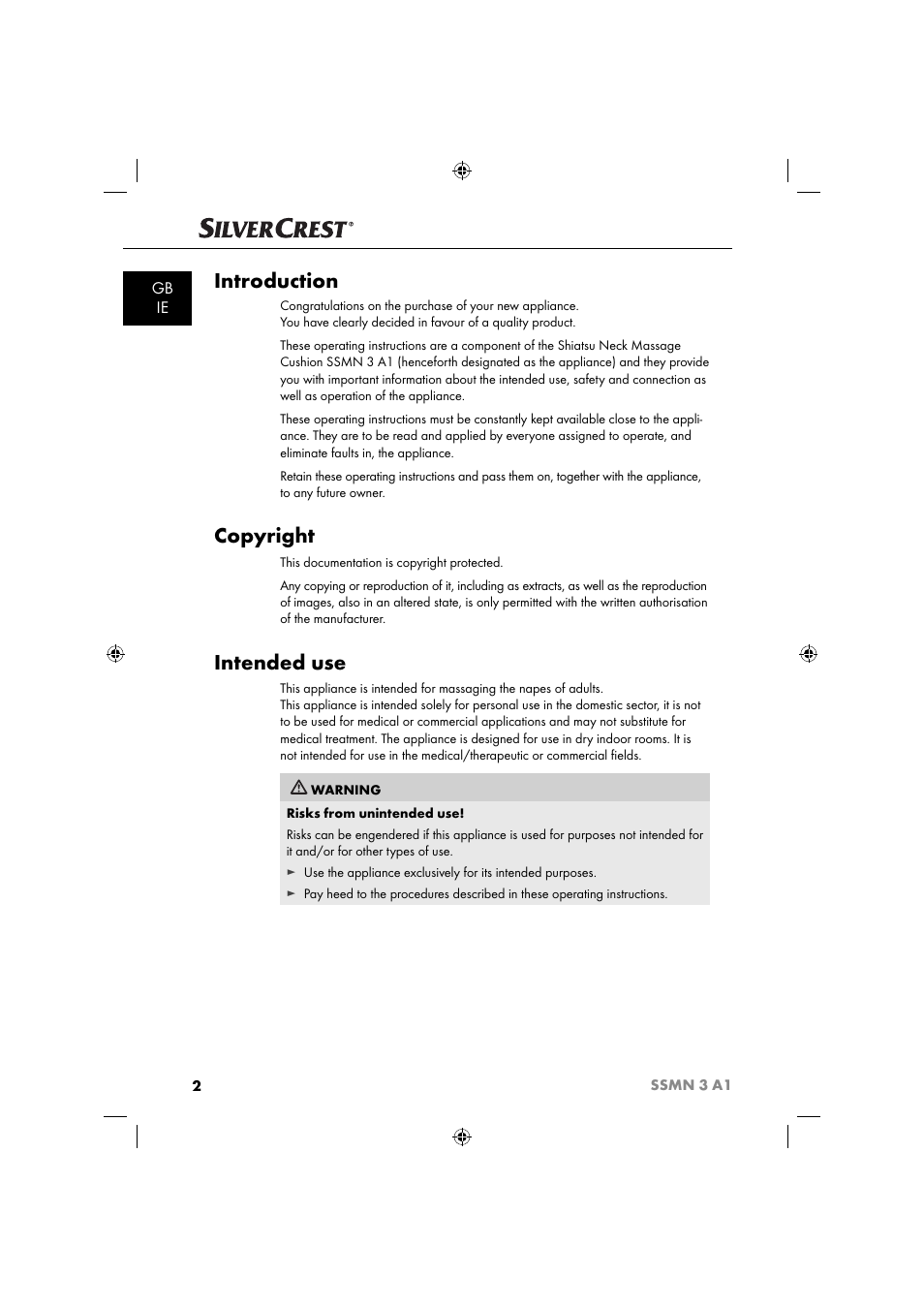 Introduction, Copyright, Intended use | Gb ie | Silvercrest SSMN 3 A1 User Manual | Page 4 / 67