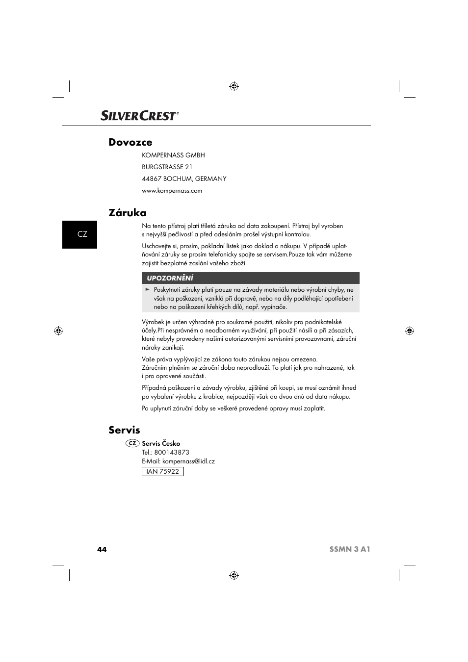Dovozce, Záruka, Servis | Silvercrest SSMN 3 A1 User Manual | Page 46 / 67