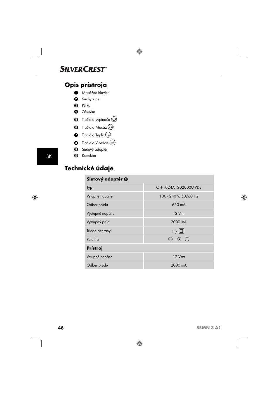 Opis prístroja, Technické údaje | Silvercrest SSMN 3 A1 User Manual | Page 50 / 67