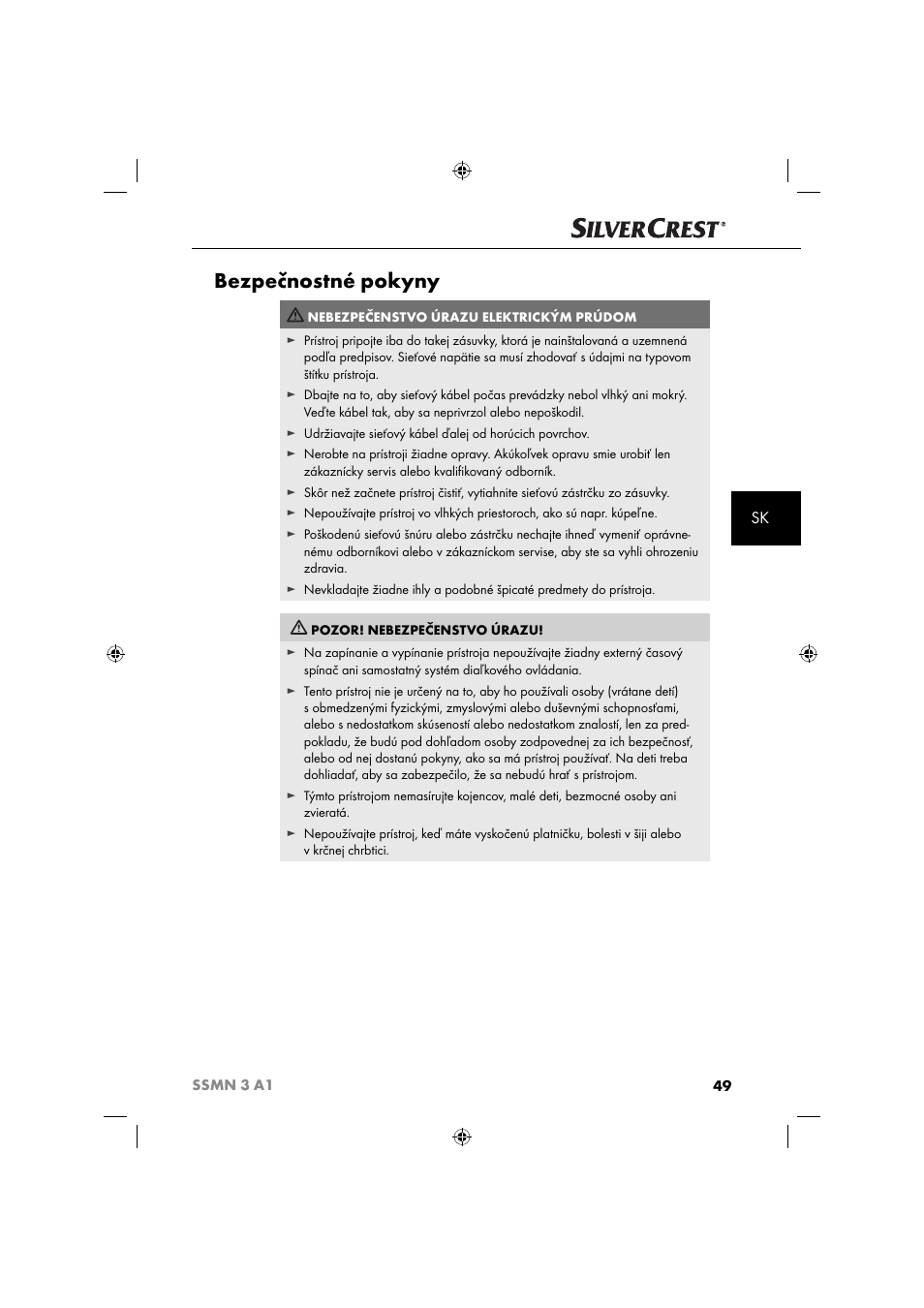 Bezpečnostné pokyny | Silvercrest SSMN 3 A1 User Manual | Page 51 / 67