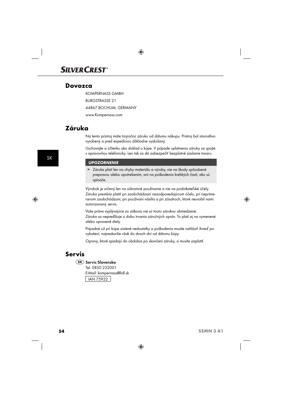 Dovozca, Záruka, Servis | Silvercrest SSMN 3 A1 User Manual | Page 56 / 67
