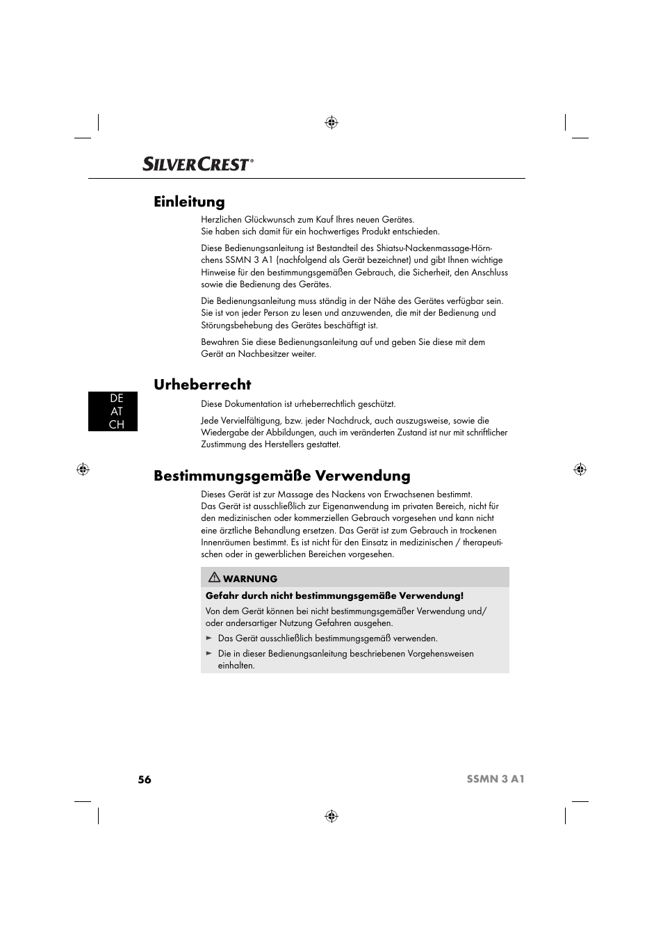 Einleitung, Urheberrecht, Bestimmungsgemäße verwendung | De at ch | Silvercrest SSMN 3 A1 User Manual | Page 58 / 67