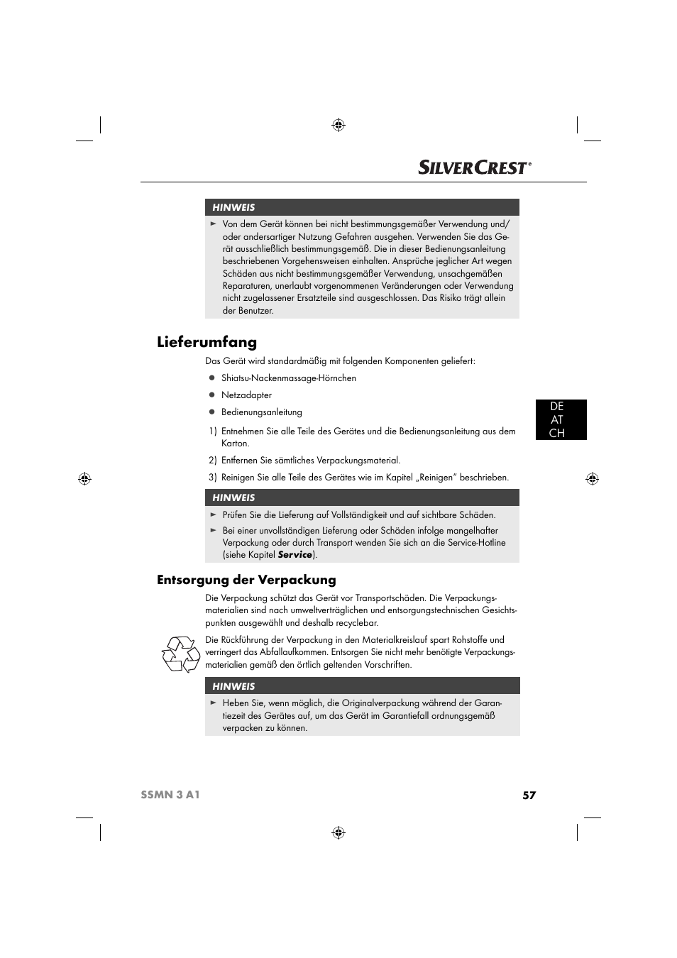 Lieferumfang, Entsorgung der verpackung, De at ch | Silvercrest SSMN 3 A1 User Manual | Page 59 / 67