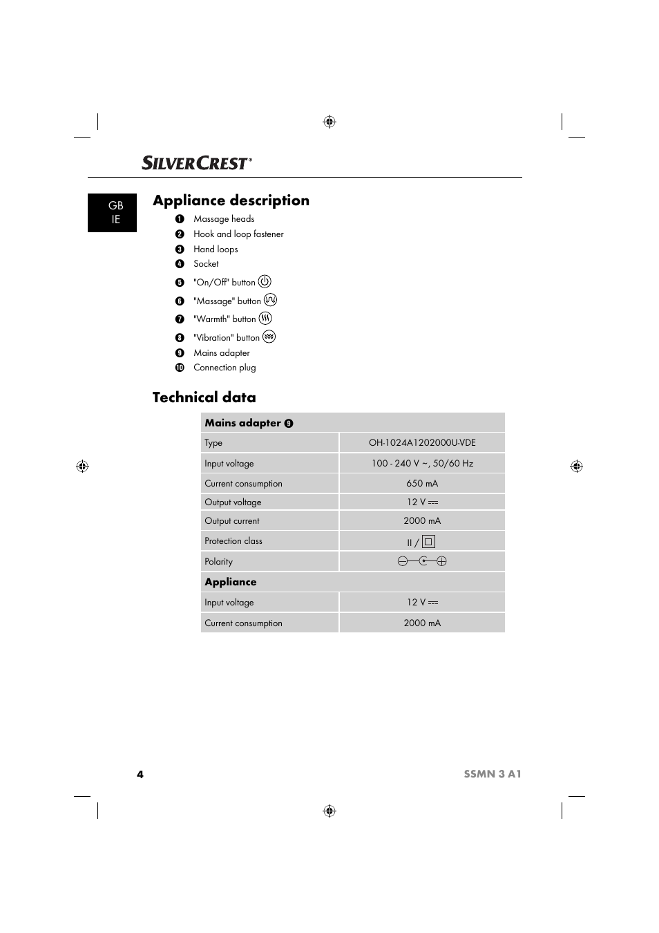 Appliance description, Technical data, Gb ie | Silvercrest SSMN 3 A1 User Manual | Page 6 / 67