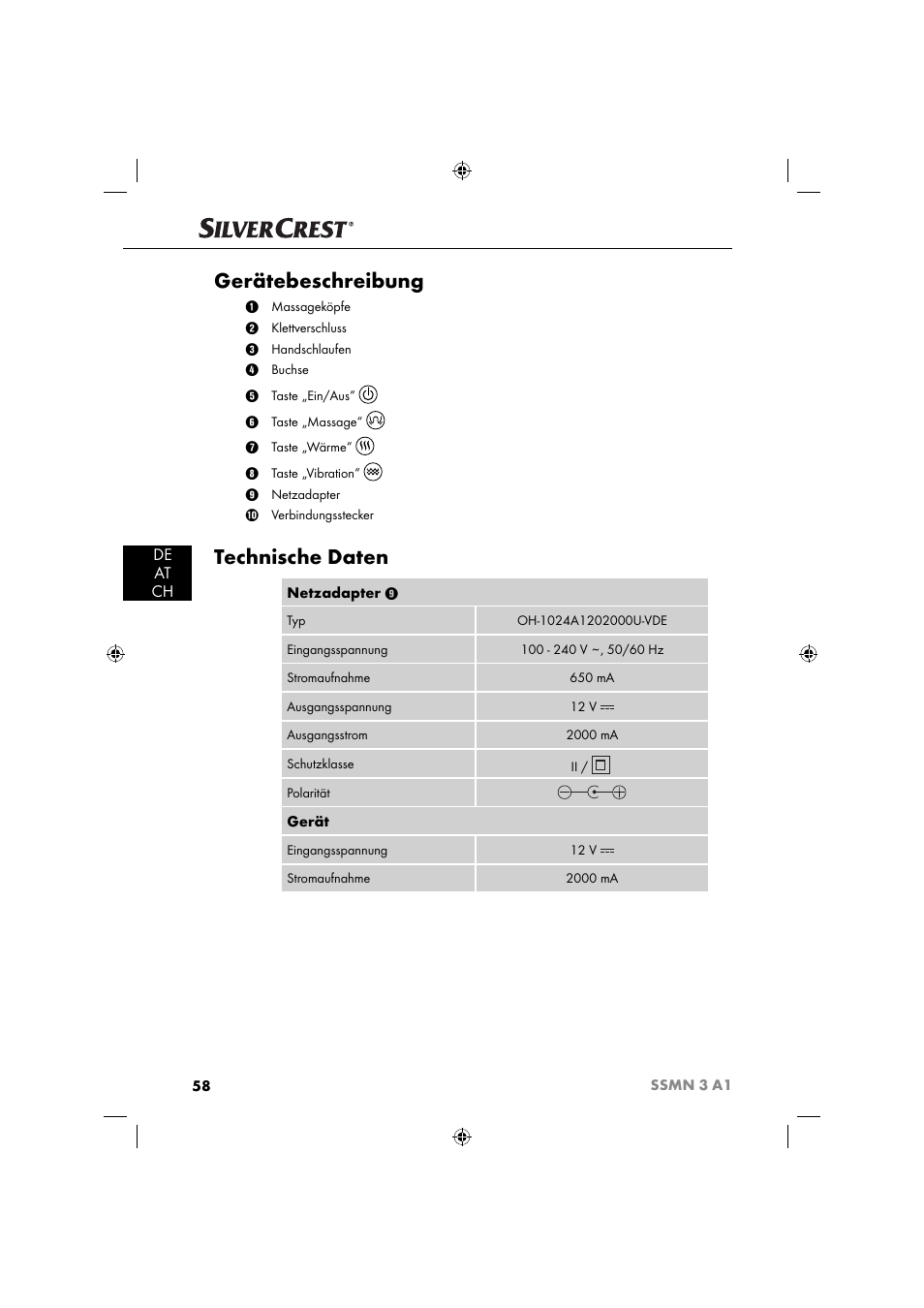 Gerätebeschreibung, Technische daten, De at ch | Silvercrest SSMN 3 A1 User Manual | Page 60 / 67