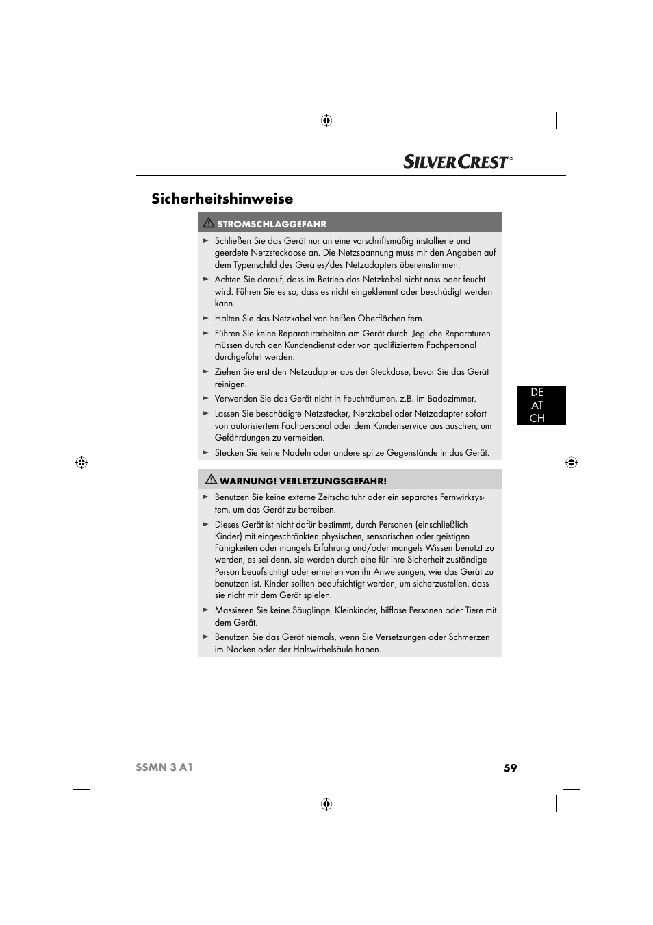 Sicherheitshinweise, De at ch | Silvercrest SSMN 3 A1 User Manual | Page 61 / 67