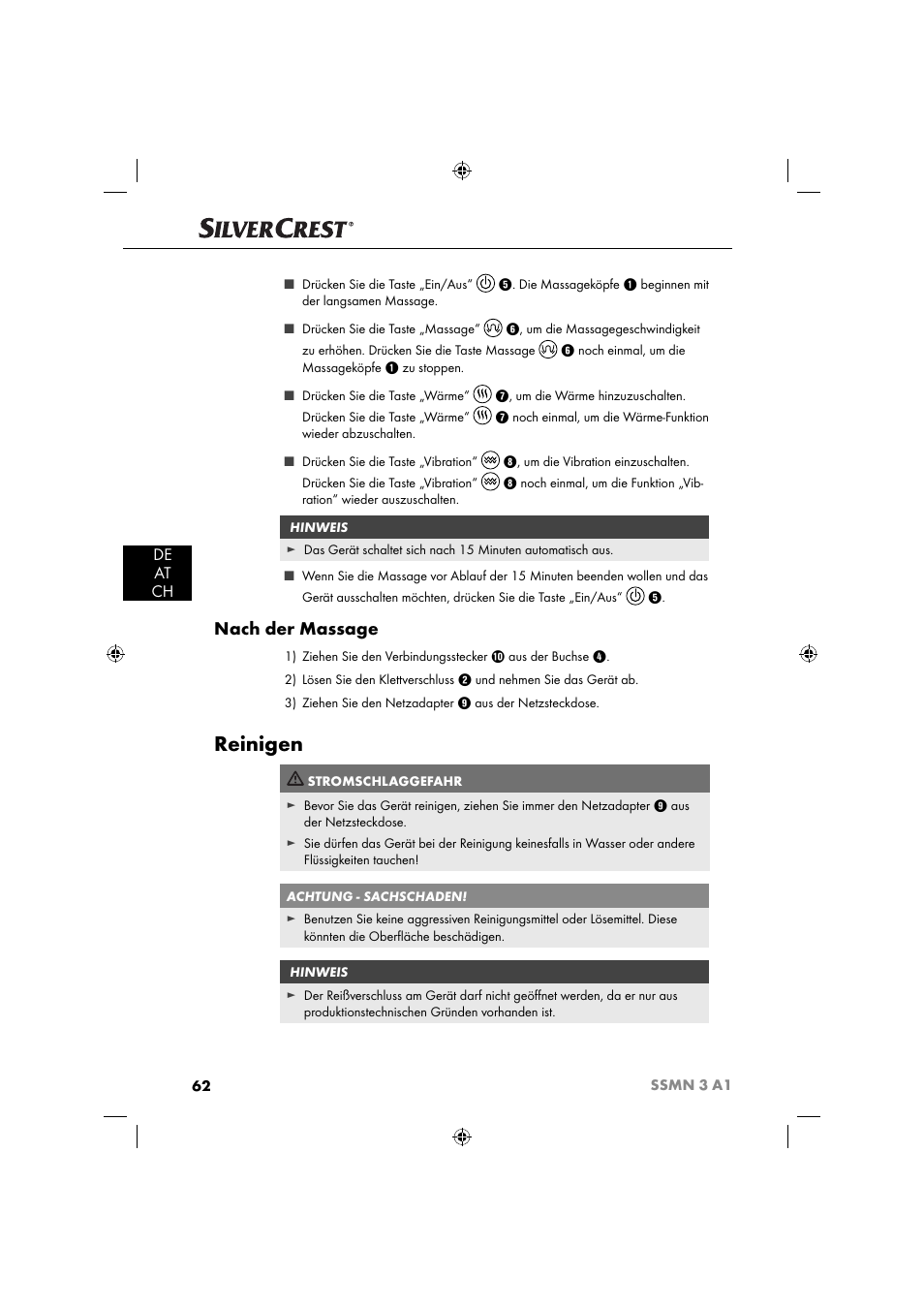 Reinigen, Nach der massage, De at ch | Silvercrest SSMN 3 A1 User Manual | Page 64 / 67