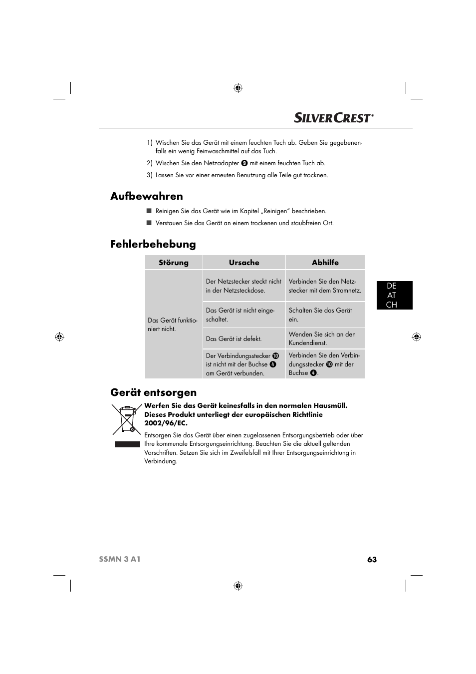 Aufbewahren, Fehlerbehebung, Gerät entsorgen | De at ch | Silvercrest SSMN 3 A1 User Manual | Page 65 / 67