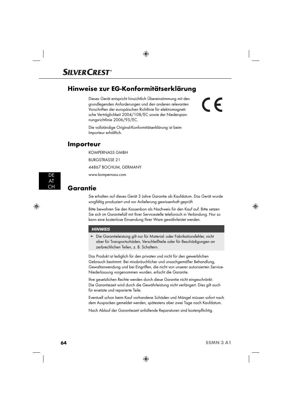 Hinweise zur eg-konformitätserklärung, Importeur, Garantie | De at ch | Silvercrest SSMN 3 A1 User Manual | Page 66 / 67