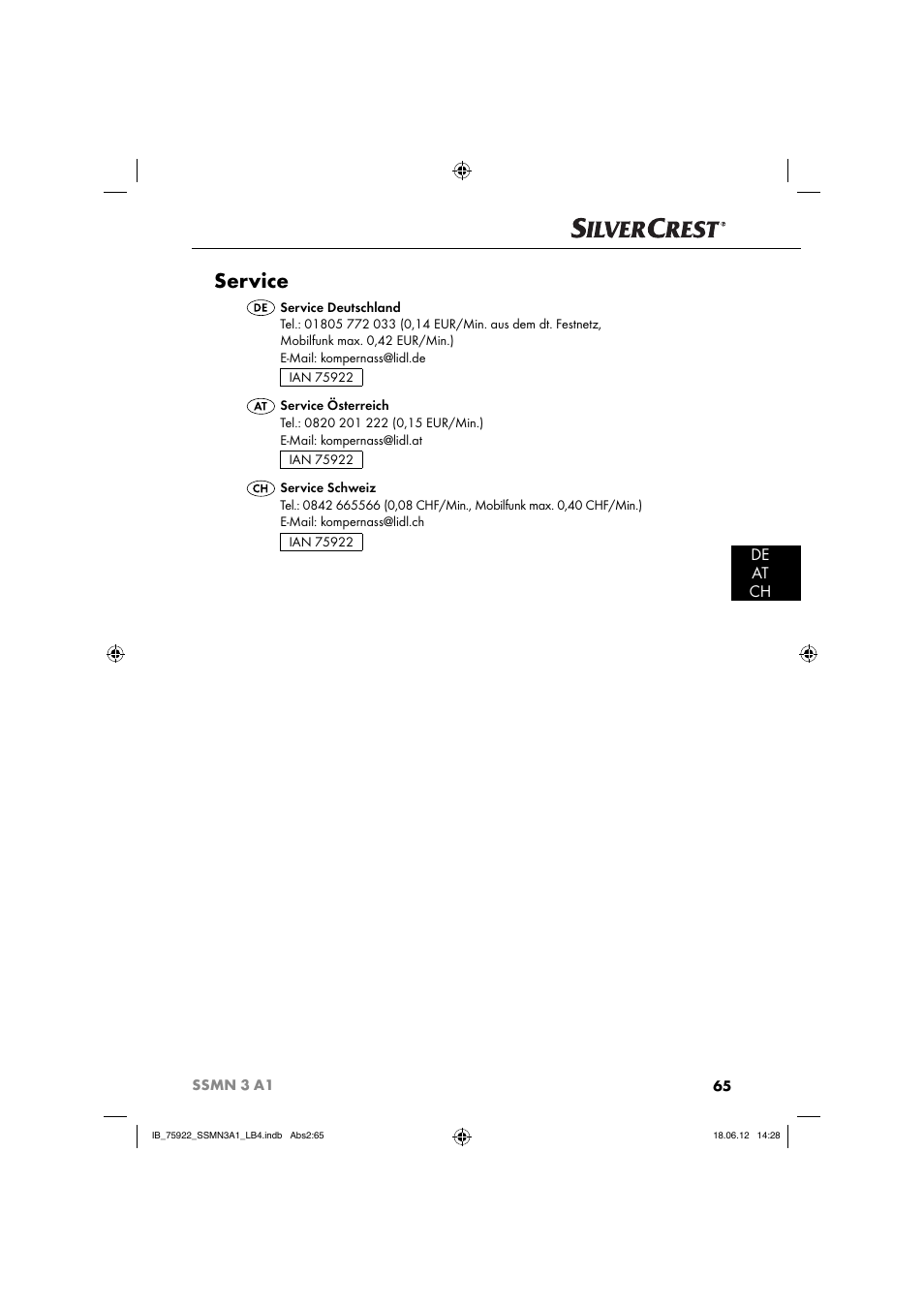 Service, De at ch | Silvercrest SSMN 3 A1 User Manual | Page 67 / 67