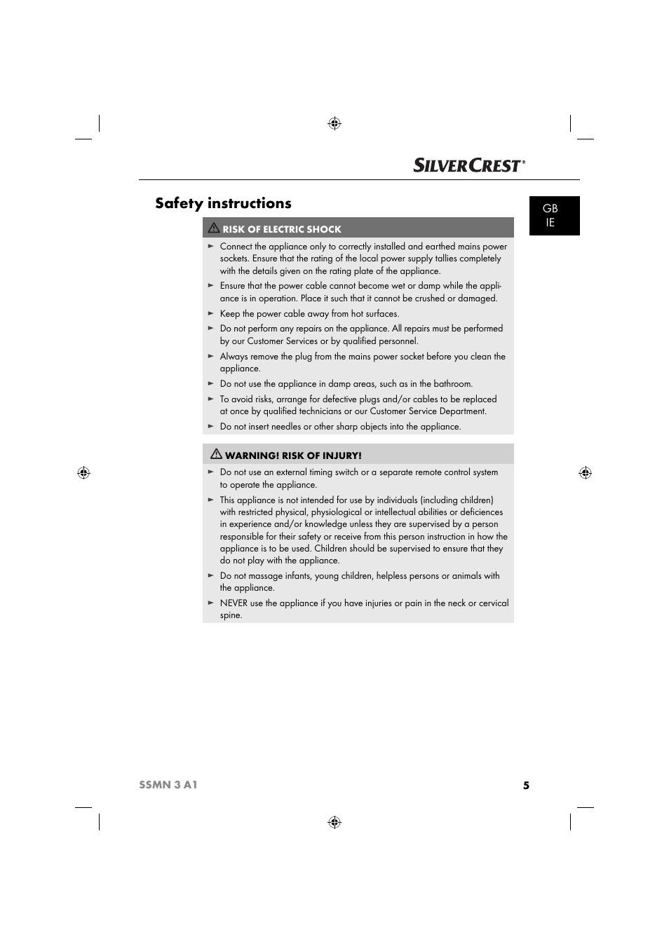 Safety instructions, Gb ie | Silvercrest SSMN 3 A1 User Manual | Page 7 / 67