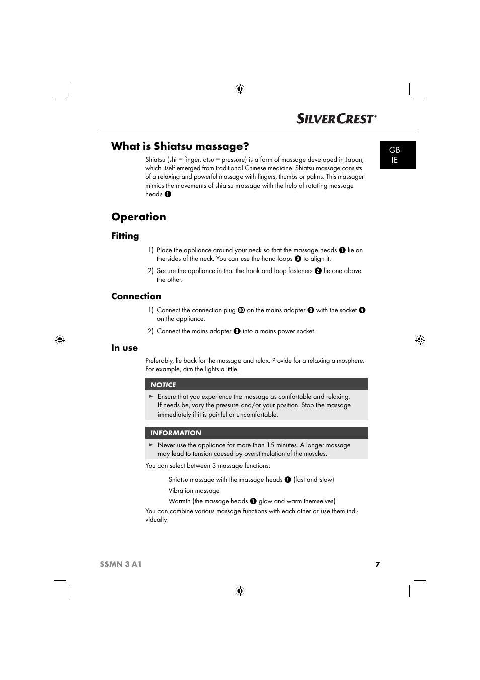 What is shiatsu massage, Operation, Fitting | Connection, Gb ie | Silvercrest SSMN 3 A1 User Manual | Page 9 / 67