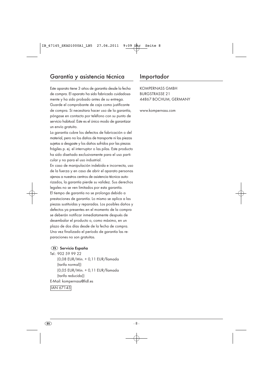 Garantía y asistencia técnica, Importador | Silvercrest SKAD 1000 A1 User Manual | Page 10 / 42