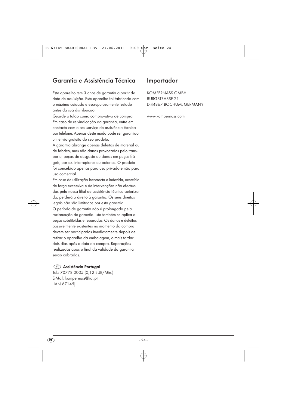 Garantia e assistência técnica, Importador | Silvercrest SKAD 1000 A1 User Manual | Page 26 / 42