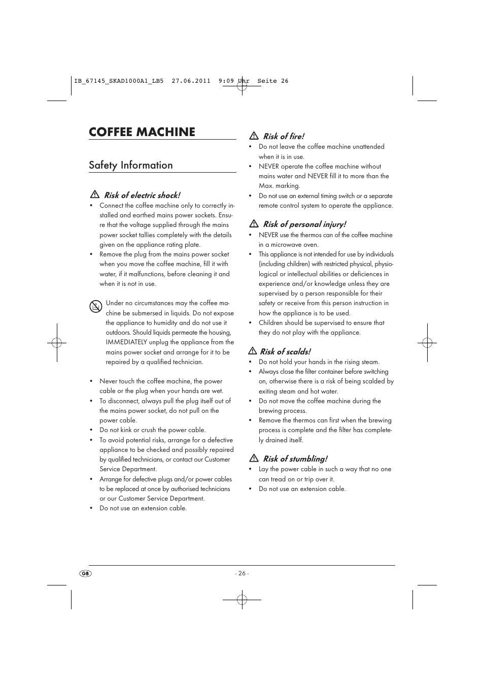 Coffee machine, Safety information, Risk of electric shock | Risk of fire, Risk of personal injury, Risk of scalds, Risk of stumbling | Silvercrest SKAD 1000 A1 User Manual | Page 28 / 42